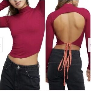 Free People Womens Edge of Town Crop Top Medium Pink Magenta Open Back Ribbed